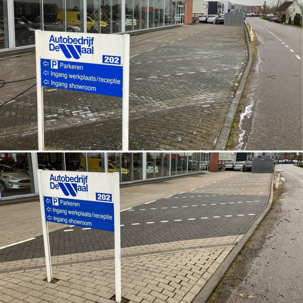 Hogedruk reinigen en stoom reinigen parkeerplaatsen autobedrijf